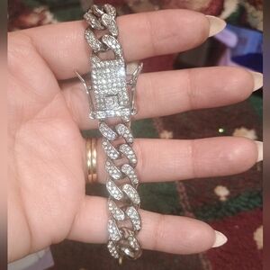 Silver On Silver Link Chain Bracelet Made With Cubic Zirconia NEW